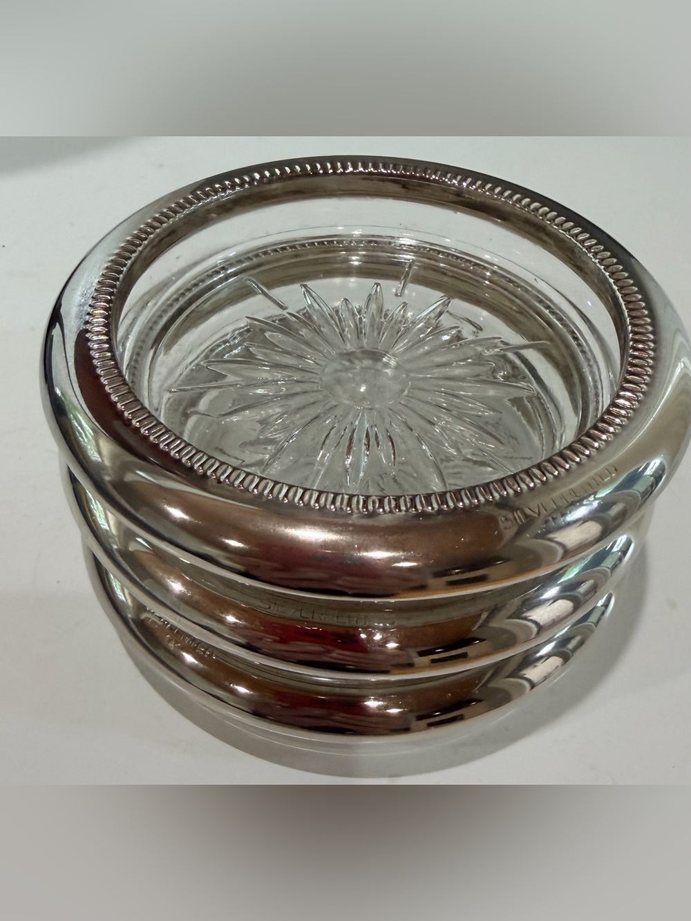 Vintage Mid-Century Silverplated & Cut Glass Starburst Coasters - Set of 3